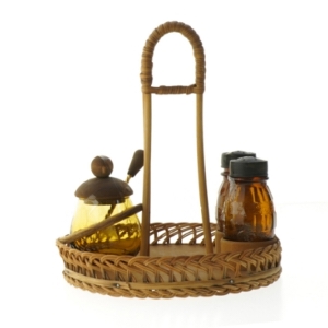 Vintage Plat de Menage Teaktræ & Flet Serveringssæt (str. Ø. 18 cm. længde. 24 cm)