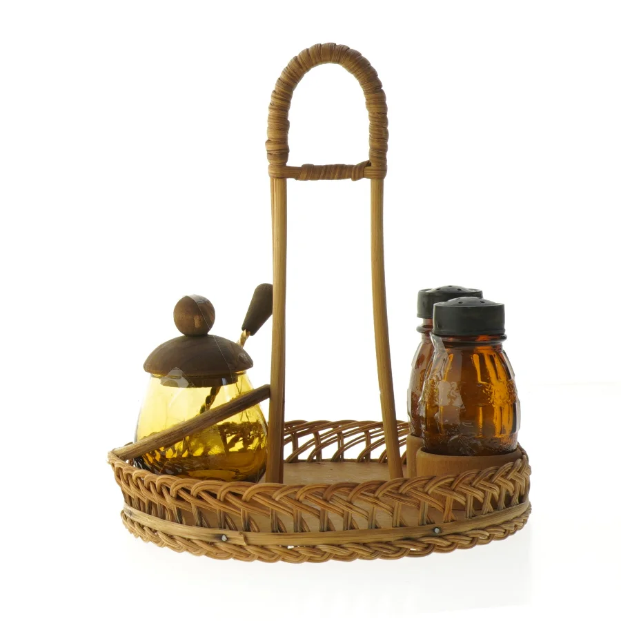 Vintage Plat de Menage Teaktræ & Flet Serveringssæt (str. Ø. 18 cm. længde. 24 cm)