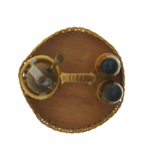 Vintage Plat de Menage Teaktræ & Flet Serveringssæt (str. Ø. 18 cm. længde. 24 cm)