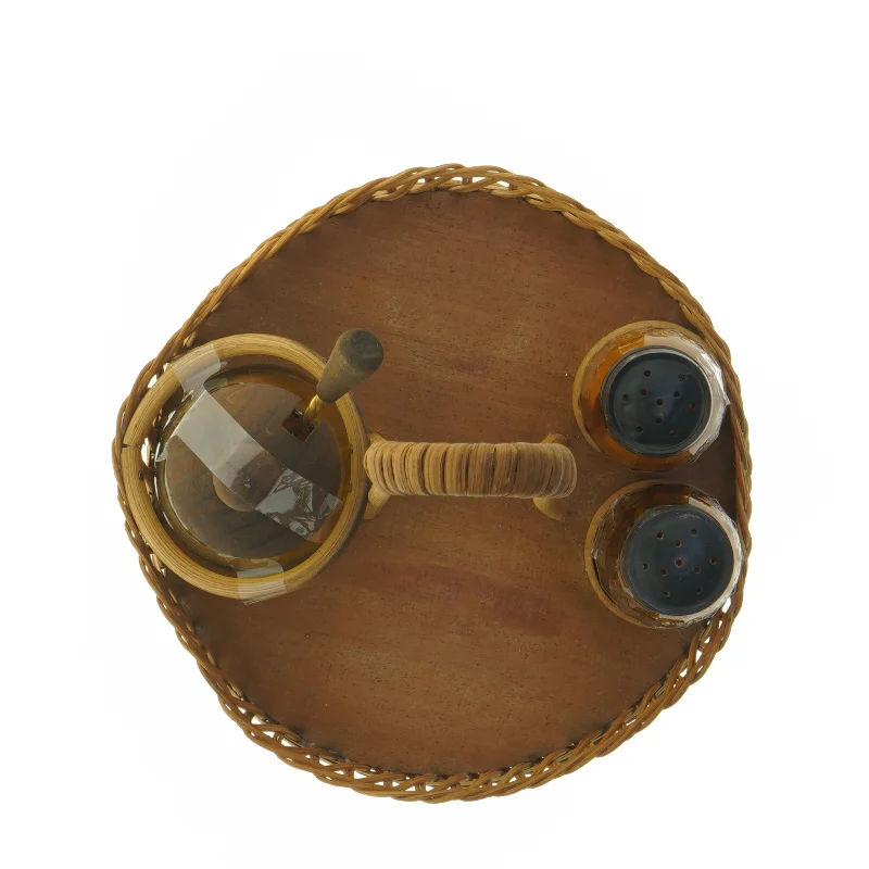 Vintage Plat de Menage Teaktræ & Flet Serveringssæt (str. Ø. 18 cm. længde. 24 cm)