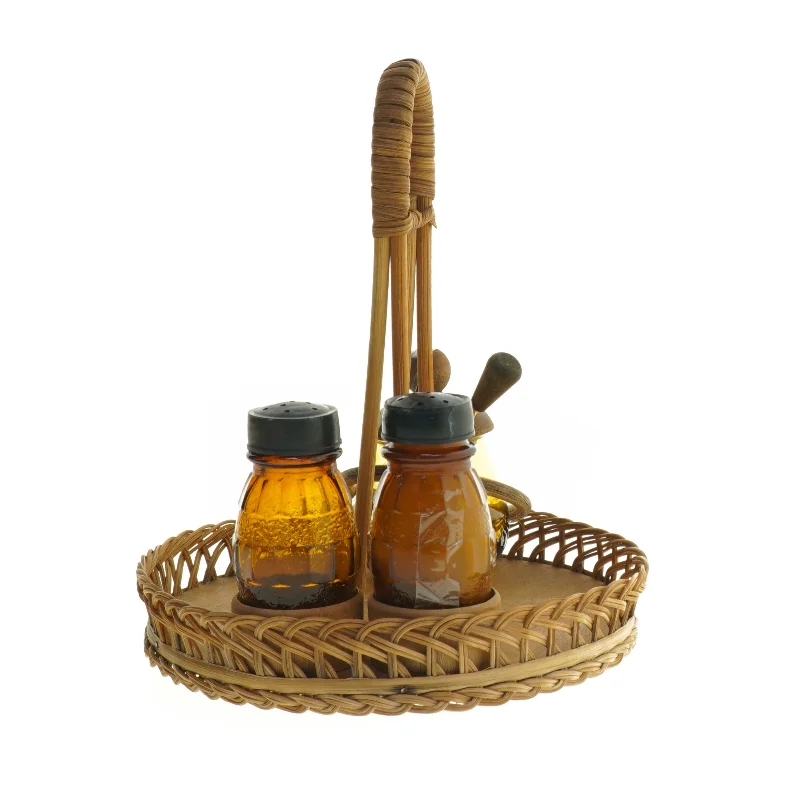 Vintage Plat de Menage Teaktræ & Flet Serveringssæt (str. Ø. 18 cm. længde. 24 cm)