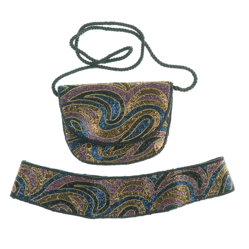 Vintage Glimmer Perlebesat skuldertaske og bælte (Livvidde str. 75-80 cm, taske 20 x 15 cm)
