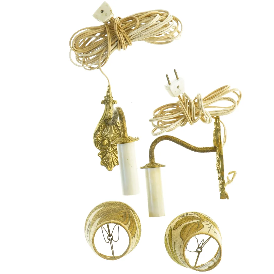 Messing vintage væglamper med retro stofskærme (2 stk) (str. Lampeskærmen 13 cm)