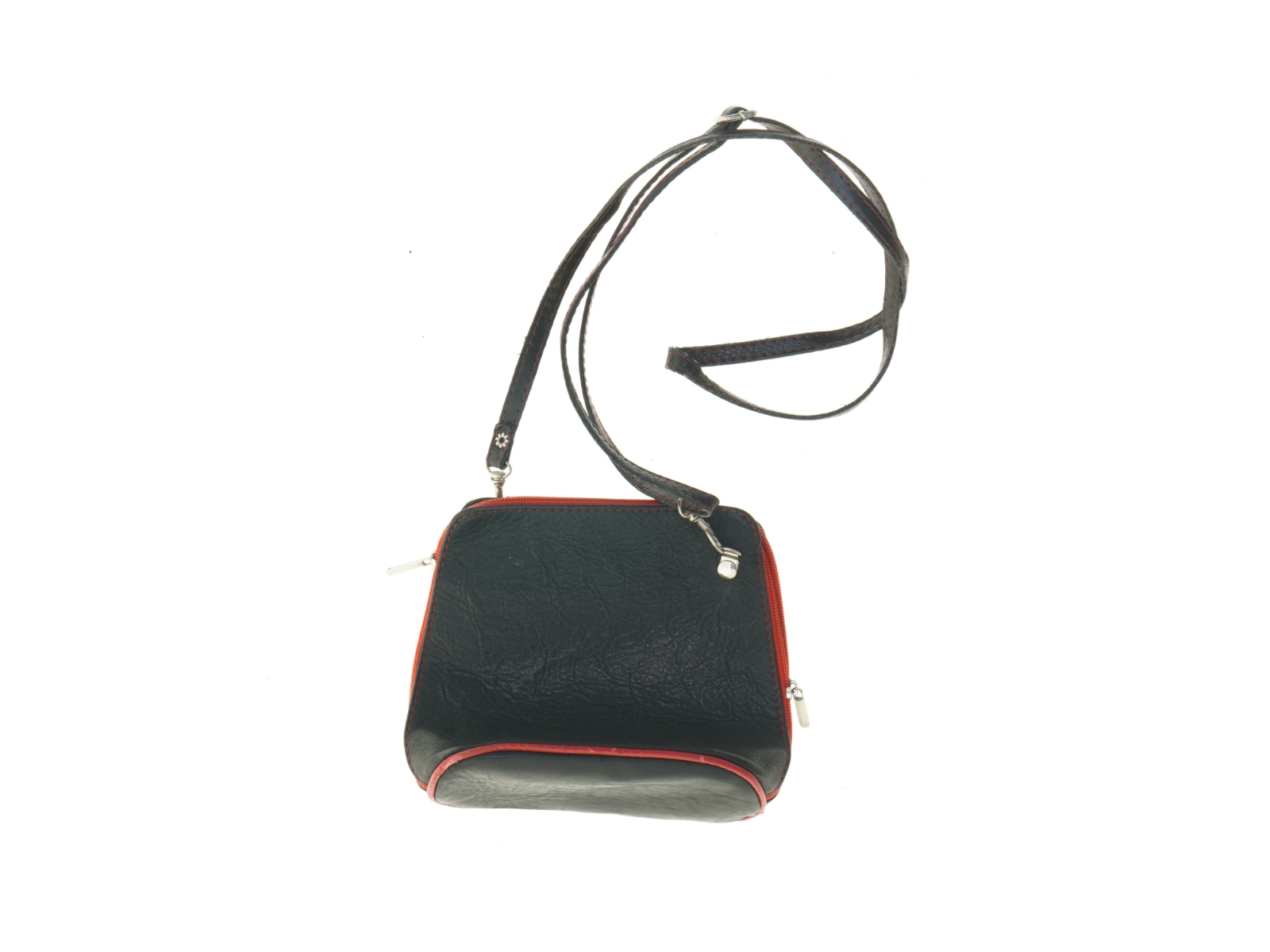 Sort Vintage Læder Crossbody skuldertaske med rød kant (str. 18 x 17 cm)