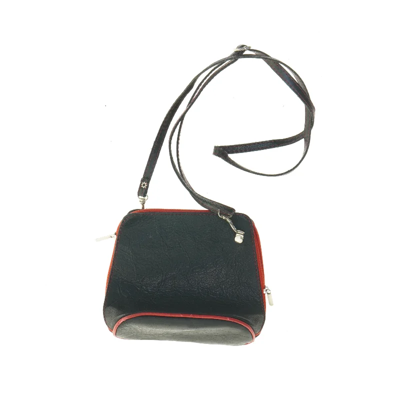 Sort Vintage Læder Crossbody skuldertaske med rød kant (str. 18 x 17 cm)