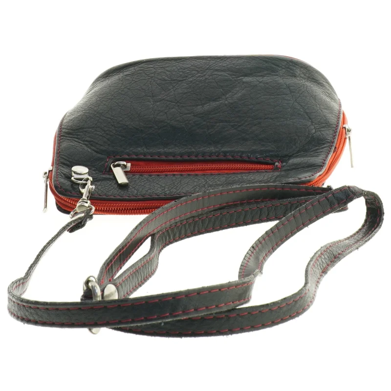 Sort Vintage Læder Crossbody skuldertaske med rød kant (str. 18 x 17 cm)
