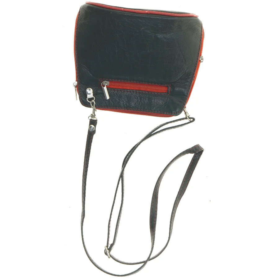Sort Vintage Læder Crossbody skuldertaske med rød kant (str. 18 x 17 cm)