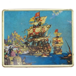 Metalæske med sejlskibsmotiv (str. 20,5x17 cm)
