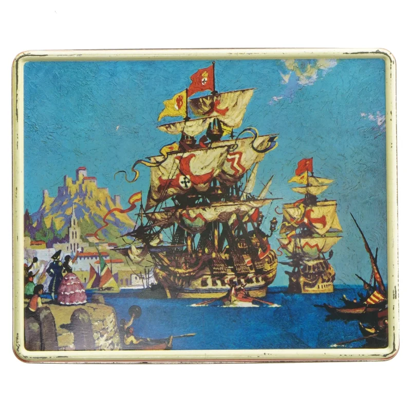 Metalæske med sejlskibsmotiv (str. 20,5x17 cm)