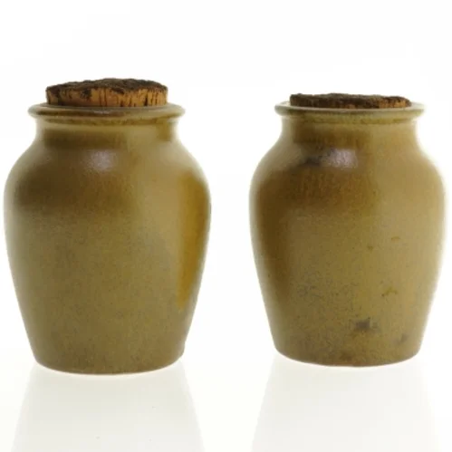 2 stk. Keramik Opbevaringskrukker med kork propper (str. 11 x 9 cm)