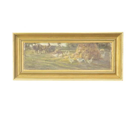 Landskabsmaleri med hestevogn og høns (str. 43x19 cm)