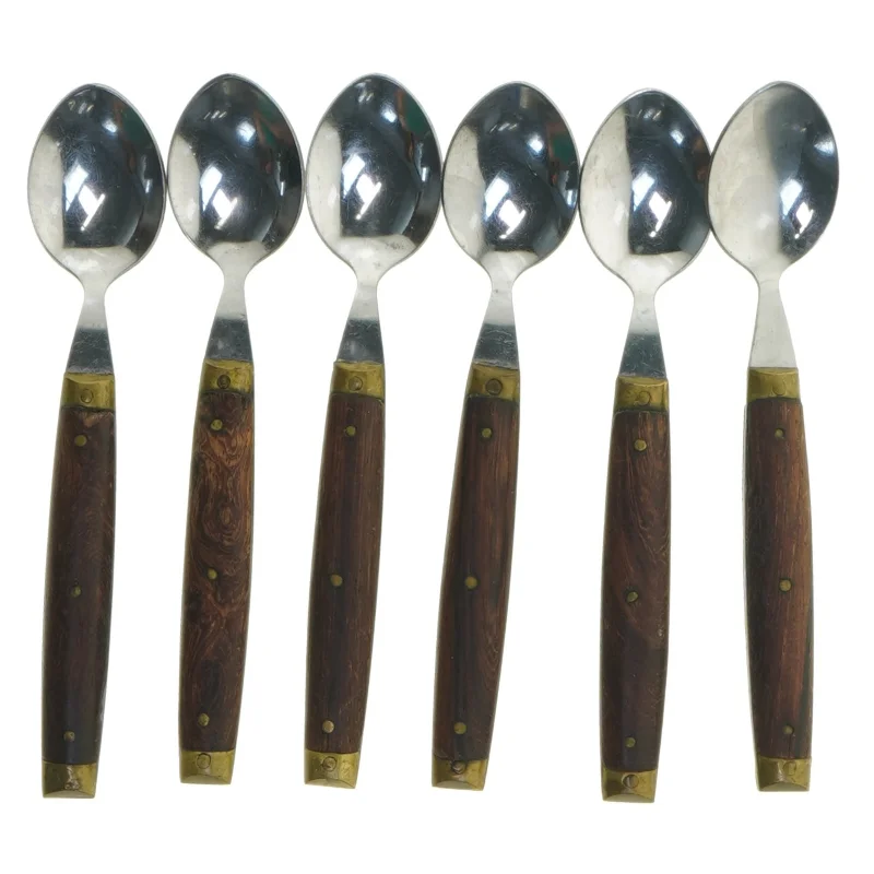 Sæt af 6 skeer med Teak træhåndtag og Messing beslag (str. 15 cm. 6 styk)