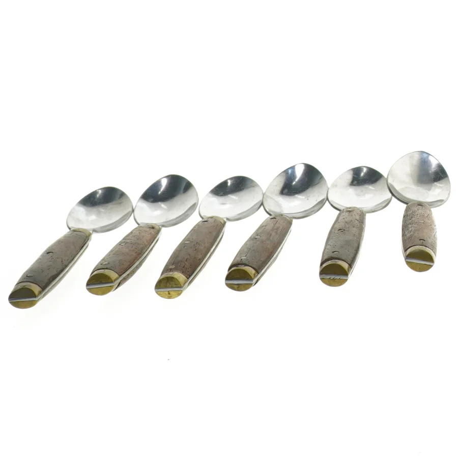 Sæt af 6 skeer med Teak træhåndtag og Messing beslag (str. 15 cm. 6 styk)