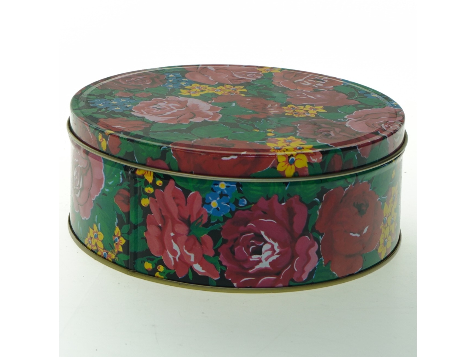 Rund vintage metal dåse med blomstermotiv (str. Ø 18 cm)