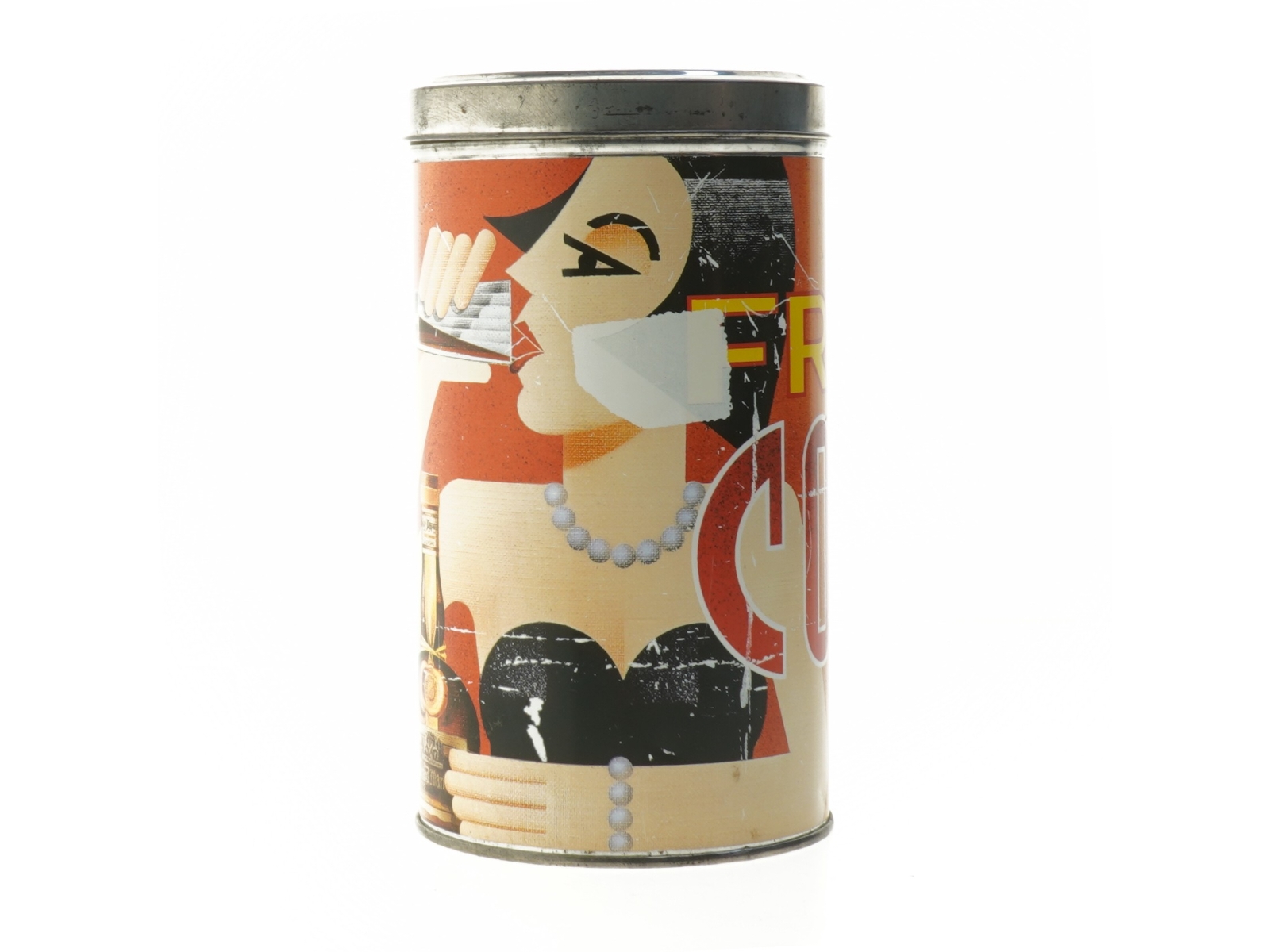 Retro kaffedåse med kvinde motiv (str. Ø 11 cm længde 20 cm)