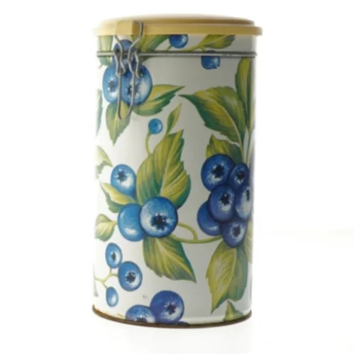 Metalbeholder med blåbærmotiv fra Mega (str. Ø. elve cm. længde. 20 cm)