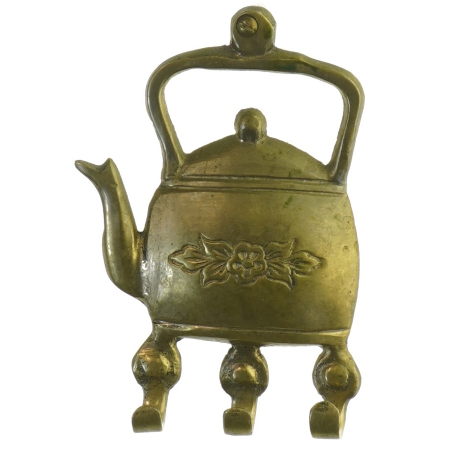 Messing te-kedel formet knagerække (str. 12x9 cm)