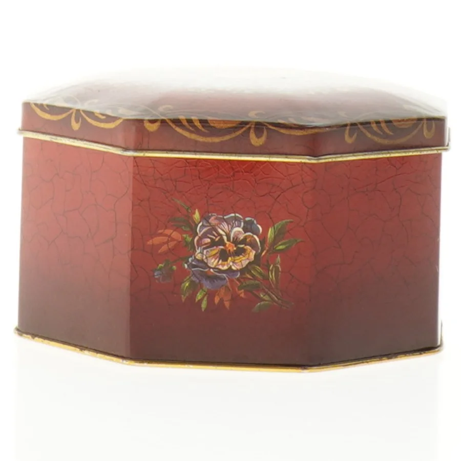 Engelsk Vintage Ottekantet metal dåse med blomstermotiv (str. 12 x 7 cm)