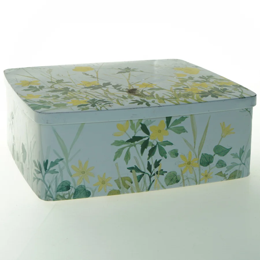 Vintage Rektangulær metalæske med blomsterdesign (str. 24,5 x 21,5 cm)