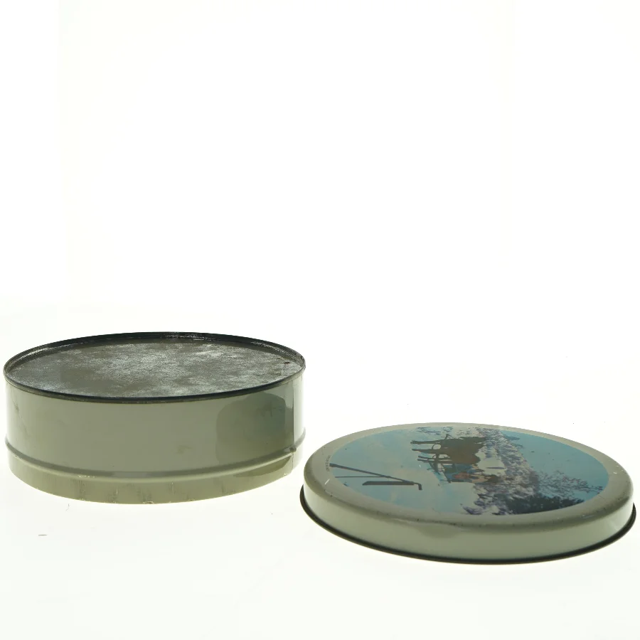 Metal kagedåse med heste, kane i vintermotiv (str. Diameter, 22 cm h 8 cm)