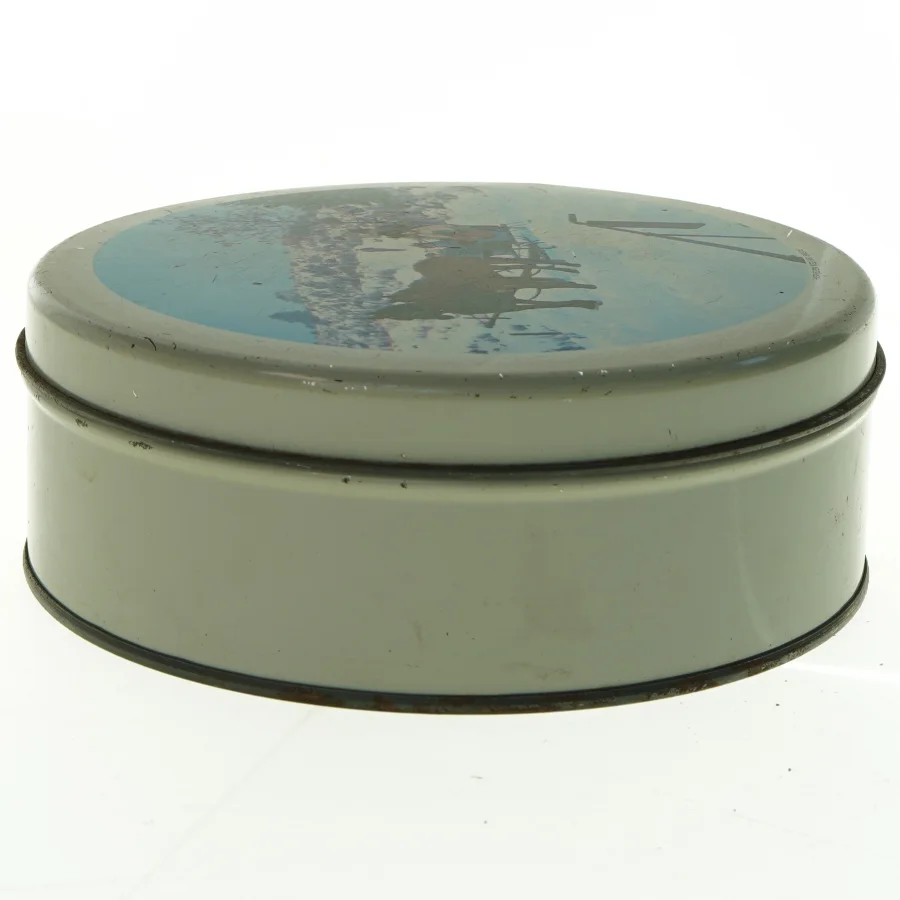 Metal kagedåse med heste, kane i vintermotiv (str. Diameter, 22 cm h 8 cm)