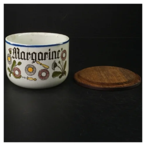 Keramik Margarine Beholder med Trælåg (str. H 9 cm. ø. 11,5 cm)