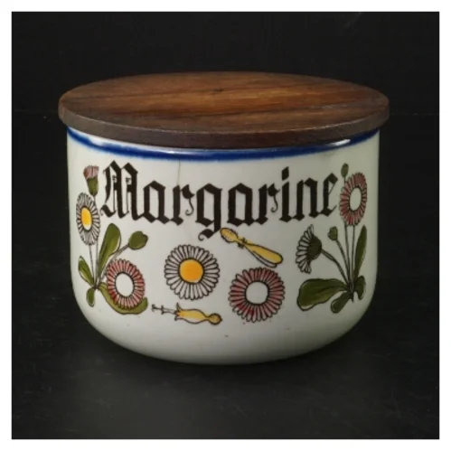 Keramik Margarine Beholder med Trælåg (str. H 9 cm. ø. 11,5 cm)