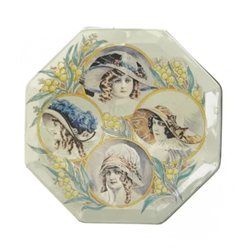 Ældre ottekantet kagedåse med flotte kvindeportrætter (str. 10 x 14 cm)