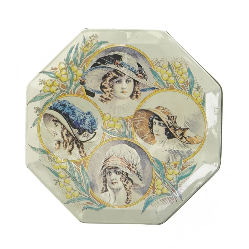 Ældre ottekantet kagedåse med flotte kvindeportrætter (str. 10 x 14 cm)