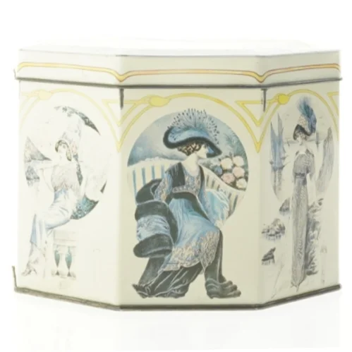 Ældre ottekantet kagedåse med flotte kvindeportrætter (str. 10 x 14 cm)