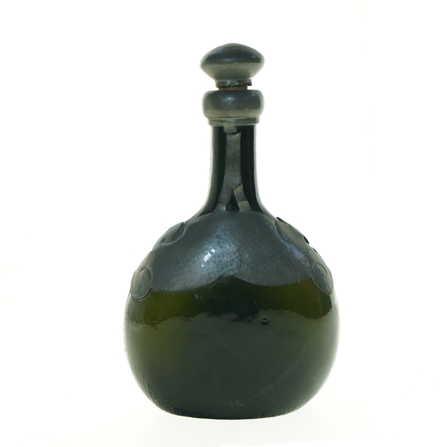 Antik Tindekoreret Glasdekantér flaske med dekorativt mønster og prop (str. 24 x, 14 cm)