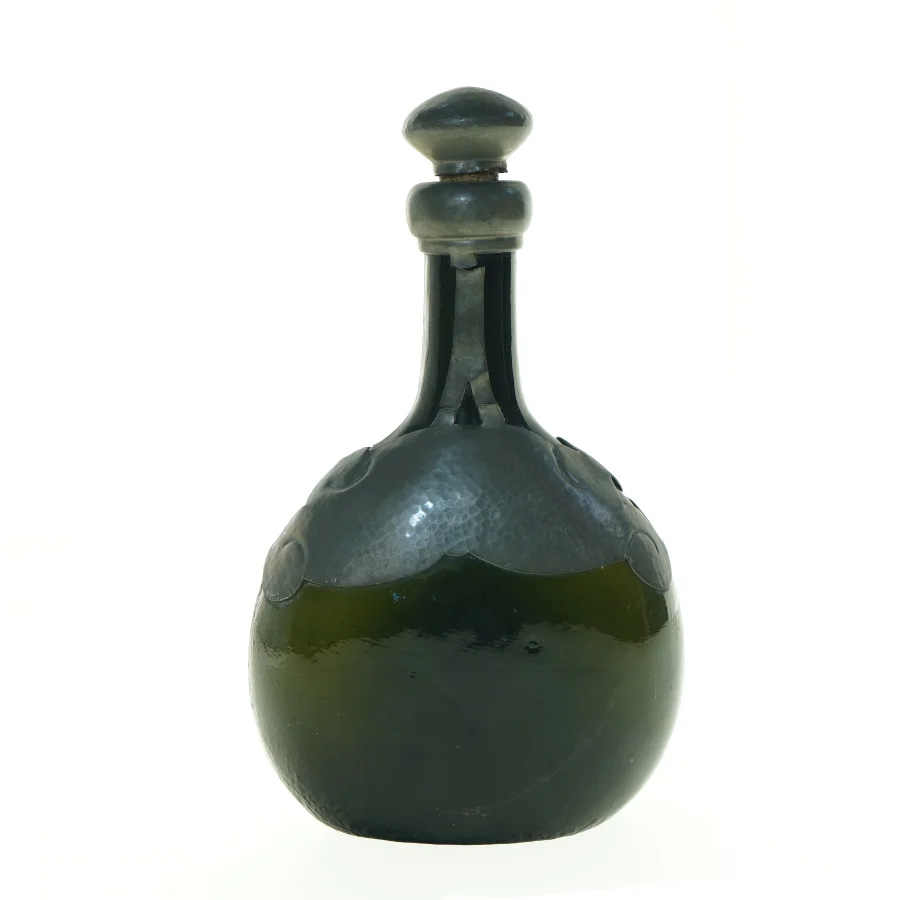 Antik Tindekoreret Glasdekantér flaske med dekorativt mønster og prop (str. 24 x, 14 cm)