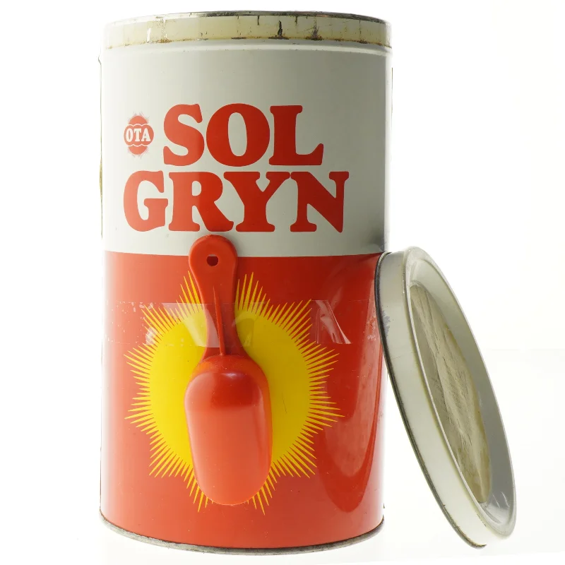 Gammel Solgryn dåse med ske fra Ota (str. 22 x 12 cm)