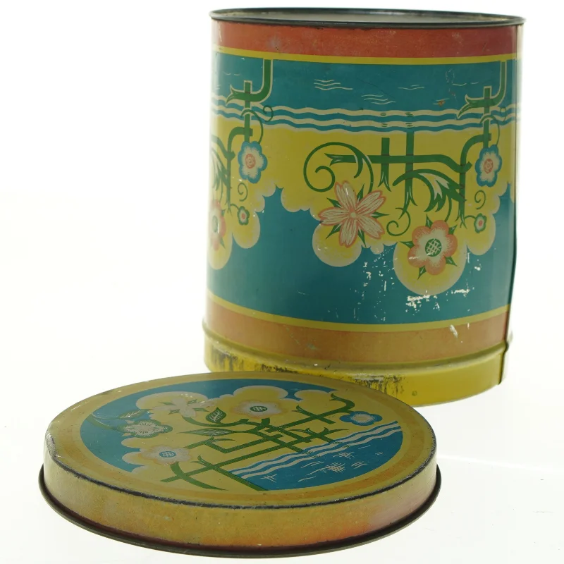 Vintage kagedåse med blomstermotiv (str. Diameter, 19 cm h 21,5 cm)