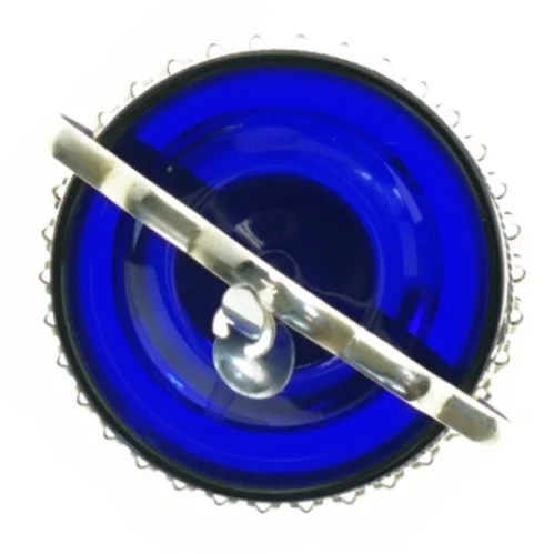 Queen Anne Sølv sukkerskål med blå glasindsats og ske (str. 12 x 14 cm)