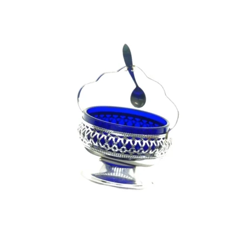 Queen Anne Sølv sukkerskål med blå glasindsats og ske (str. 12 x 14 cm)