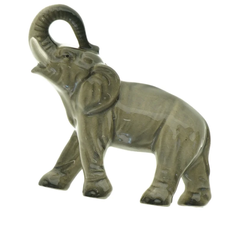 Elefant med løftet snabel i porcelæn (str. 17 x 15 cm)