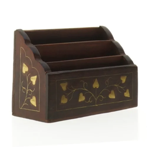 Træ organisator brevholder med indlæg af guld (str. 15 x 10 x 6,5 cm)