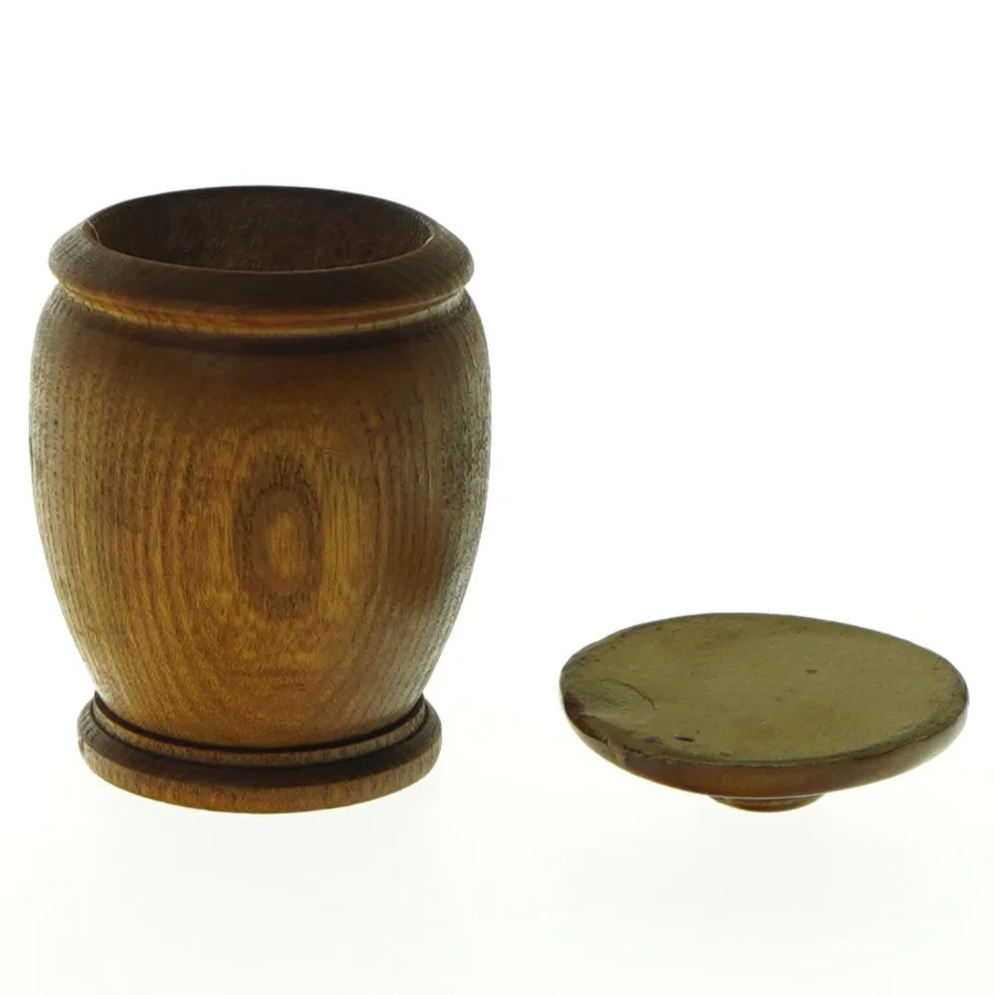 Teak Træ krukke med keramik låg (str. H. 8 cm)