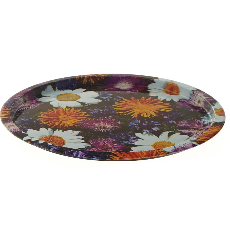 Rund serveringsbakke med blomsterdesign (str. Ø 33 cm)