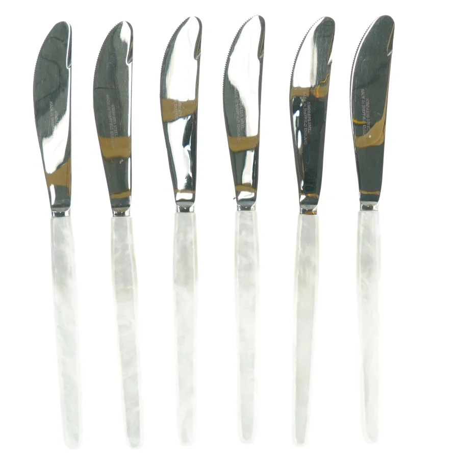 Sæt af Sheffield smørknive med Perlemorskaft (str. 22 cm. 6 styk)