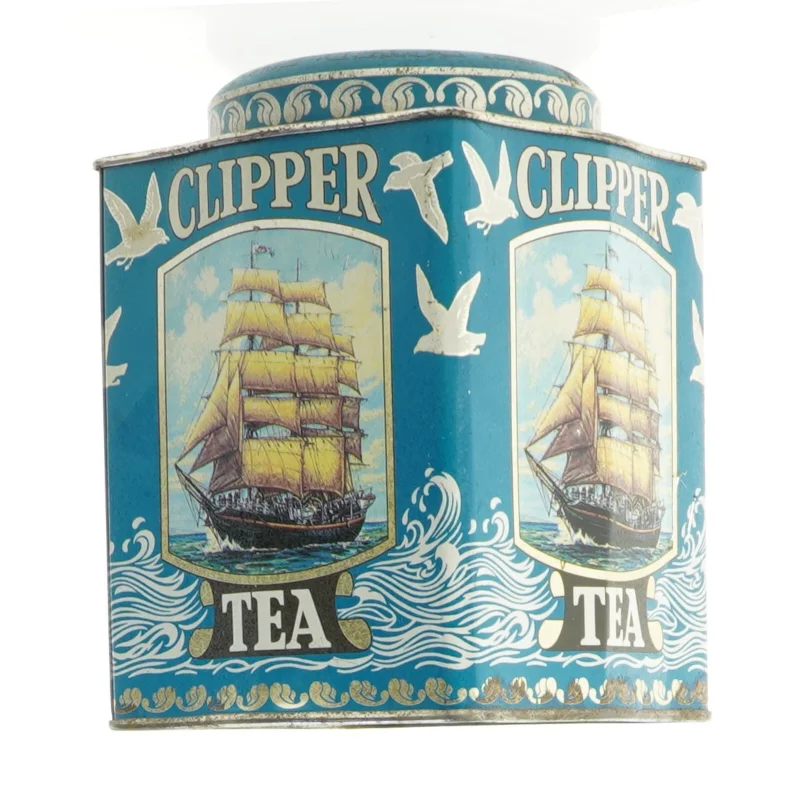 Vintage te-dåse med skibsdekor (str. 14 x 10,5 cm)