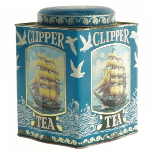 Vintage te-dåse med skibsdekor (str. 14 x 10,5 cm)