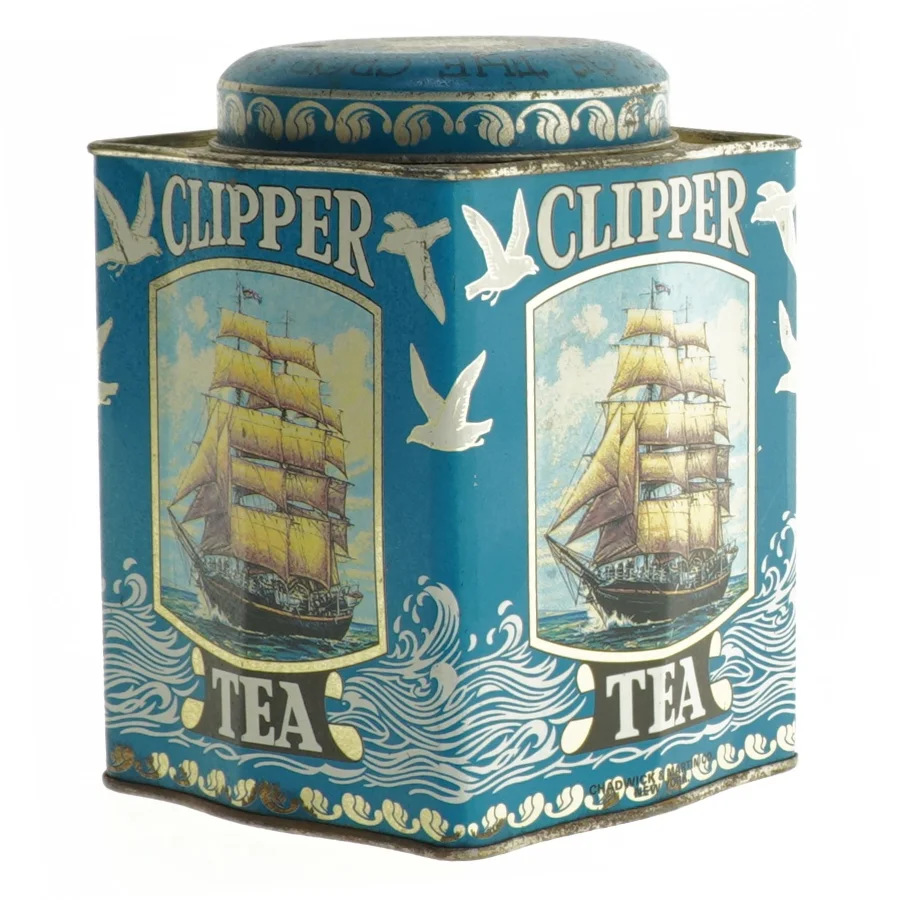 Vintage te-dåse med skibsdekor (str. 14 x 10,5 cm)