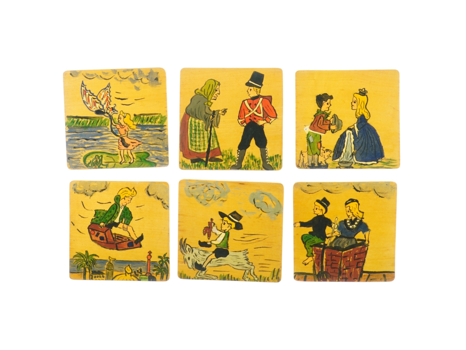 6 stk. Vintage Almue H. C. Andersens Eventyr billeder håndmalet på træ (str. 14 cm)