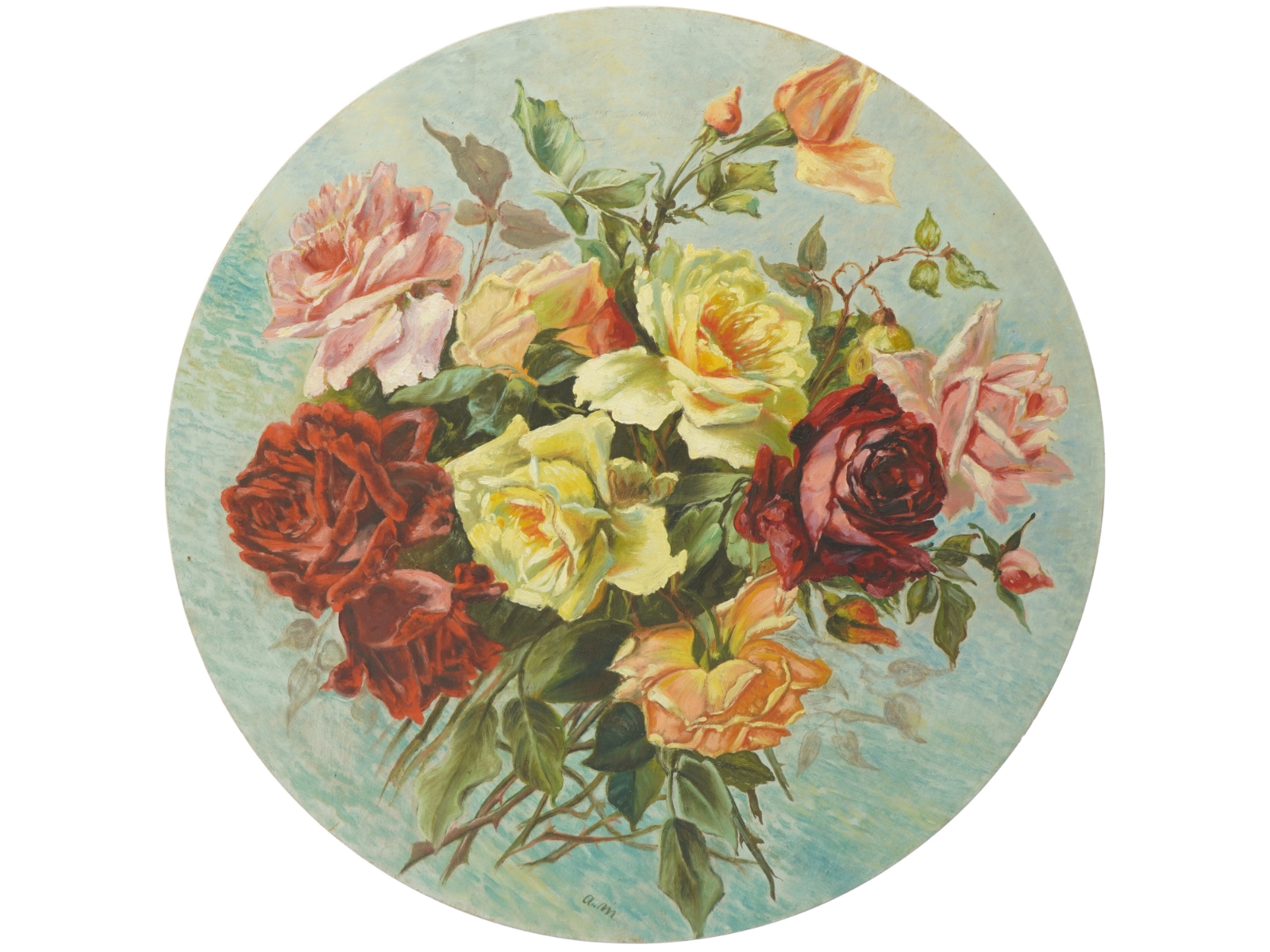 Rundt håndmalet blomsterbillede (str. Ø. 51 cm)
