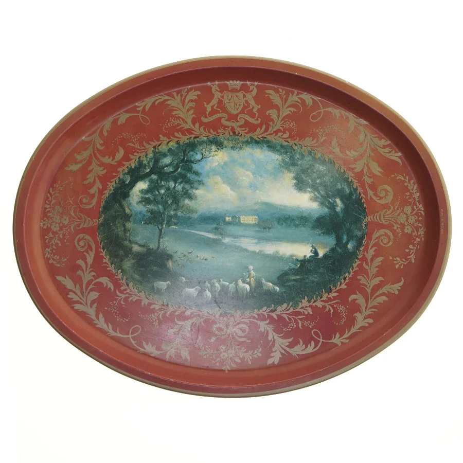 Vintage britisk Dekorativ bakke med landskabsmotiv (str. 41x32 cm)