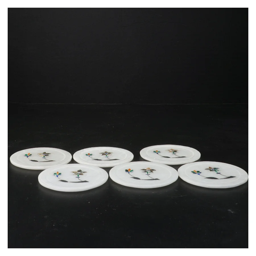 Runde Marmor coasters med indlagt halvædel sten og abeloneskal blomsterdekoration (str. Ø 9 cm)