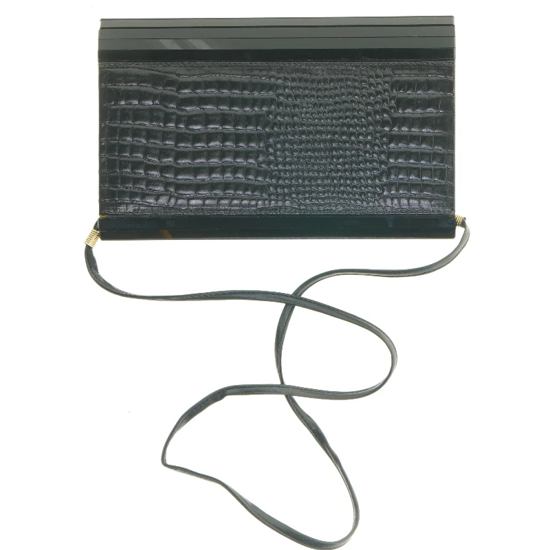 Sort 1980'er krokodillepræget bakelit clutch med skulderrem (str. 25 x 16 cm)