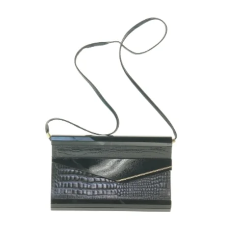 Sort 1980'er krokodillepræget bakelit clutch med skulderrem (str. 25 x 16 cm)